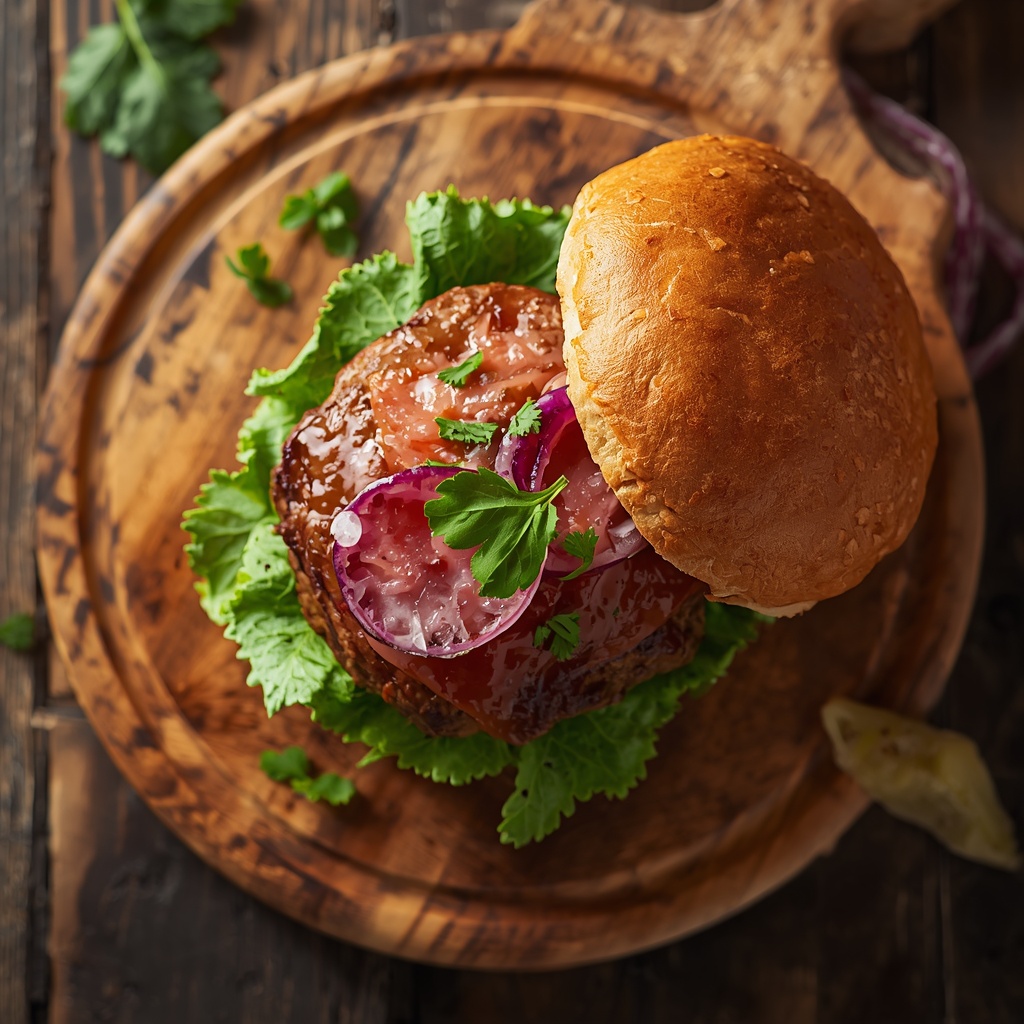 Gourmet burger with fresh ingredients on a wooden board, overhead shot, vibrant natural lighting, culinary presentation